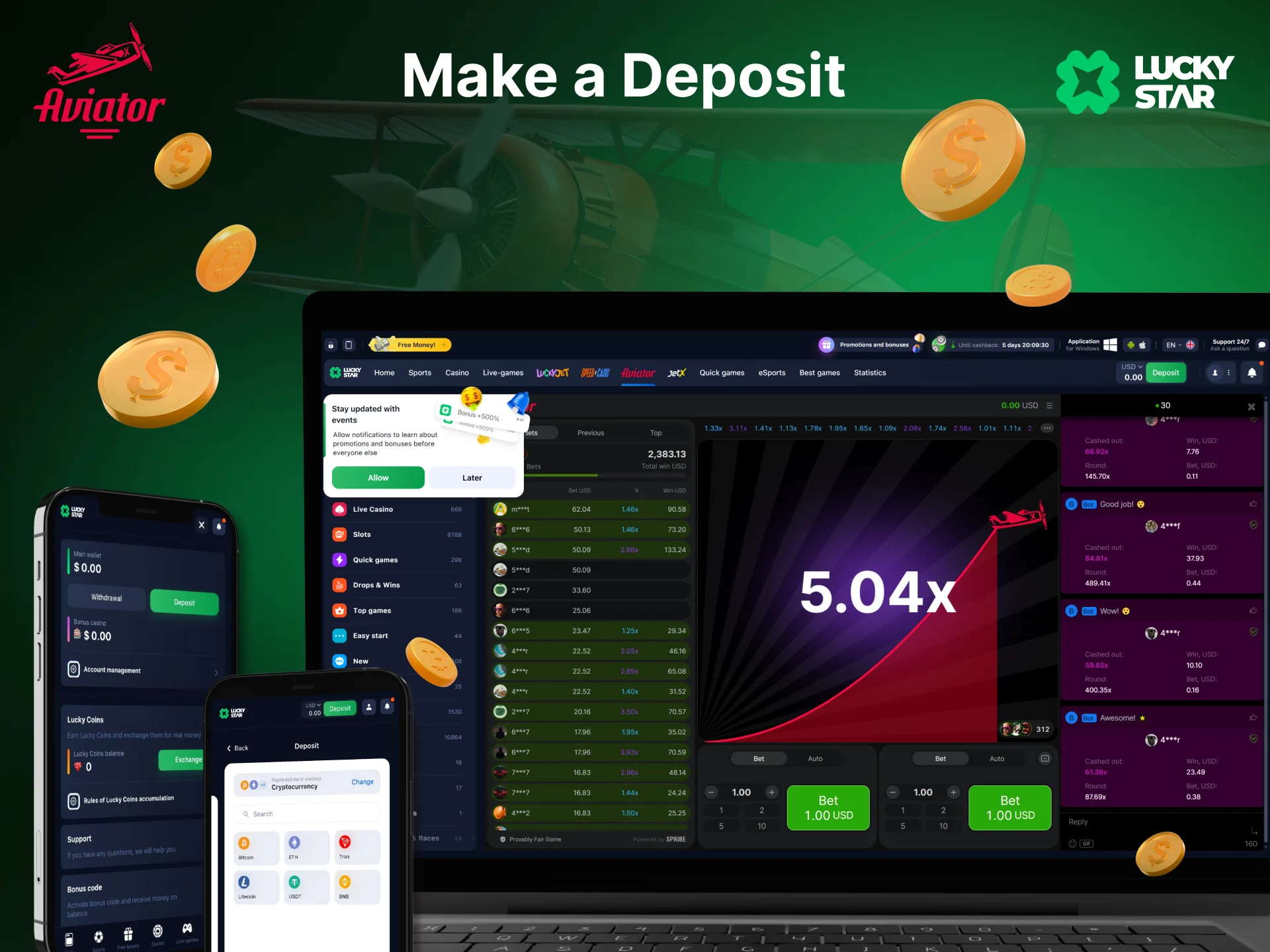Make a deposit at the Lucky-Star Casino using cryptocurrency.