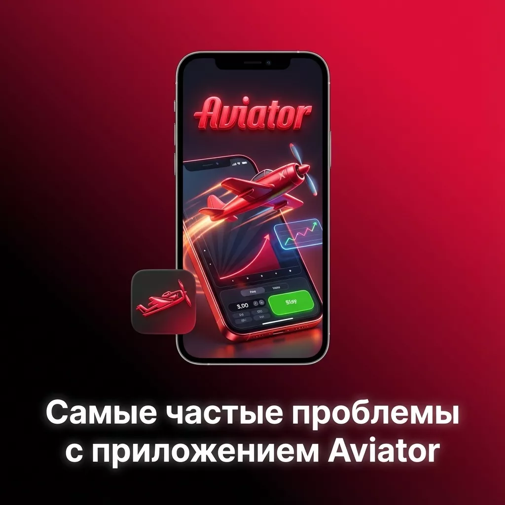 Схематичное изображение смартфона с приложением Aviator и списком типичных ошибок и решений на русском языке