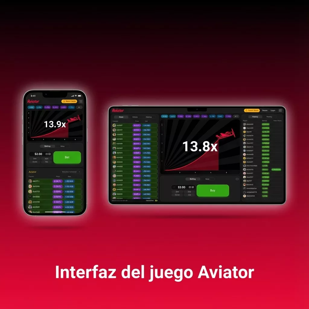 Interfaz de Aviator con avión despegando, multiplicador creciente, apuestas abajo e historial y jugadores en el lateral