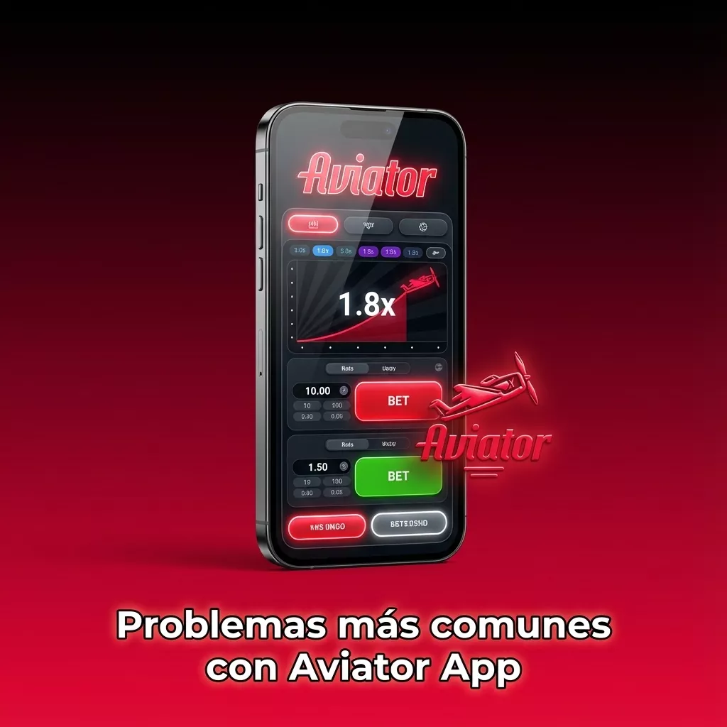 Ilustración de móvil con Aviator app y lista de problemas comunes y soluciones rápidas en pantalla