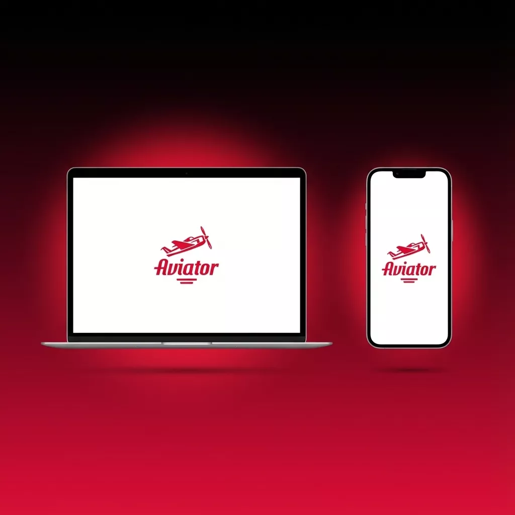 Ilustração do app Aviator em smartphone e laptop, destacando compatibilidade com Android, iOS, Windows e macOS