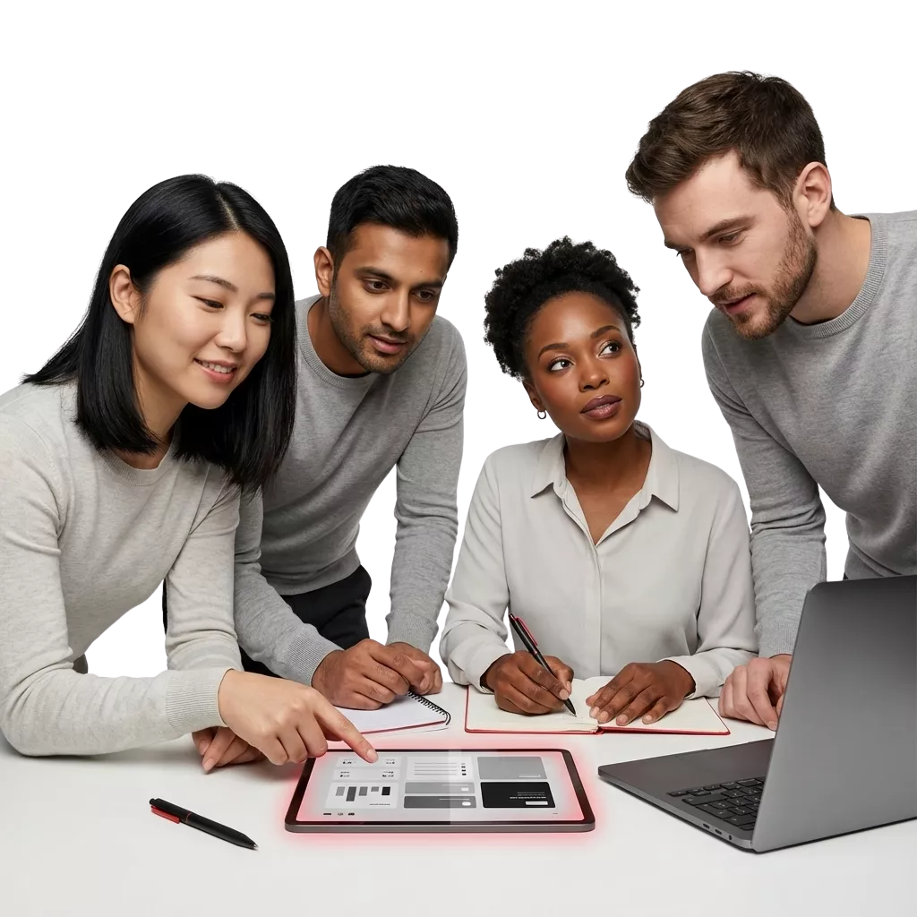 Banner de “Sobre Nosotros” de 1win España con jugadores usando ordenador y móvil en una plataforma de apuestas confiable