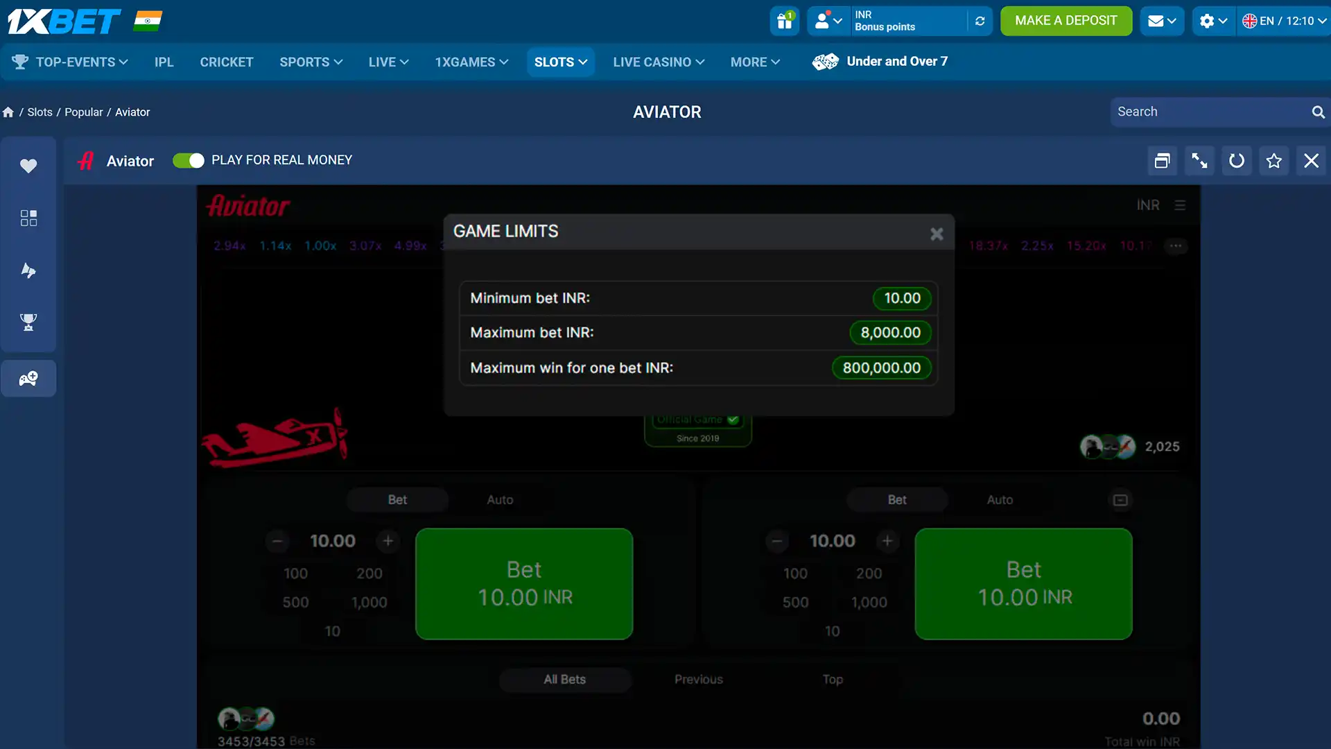 Check betting limits for the Aviator game.