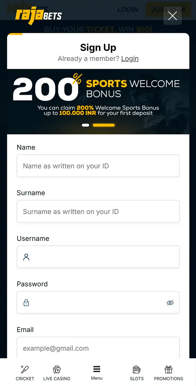 Log in or register on Rajabets.