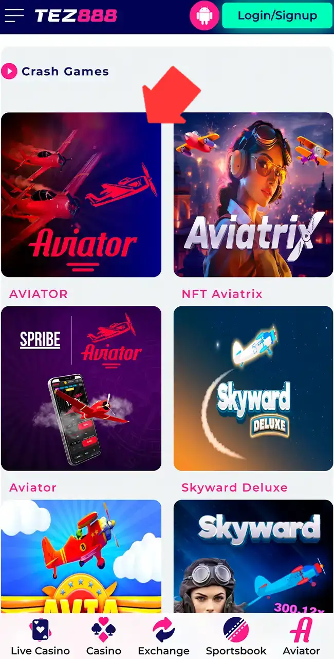 Spot Aviator in the Tez888 lobby.