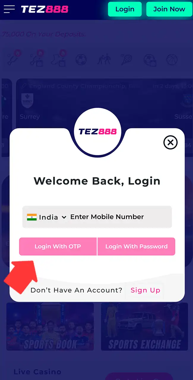 Sign up or enter Tez888 credentials.