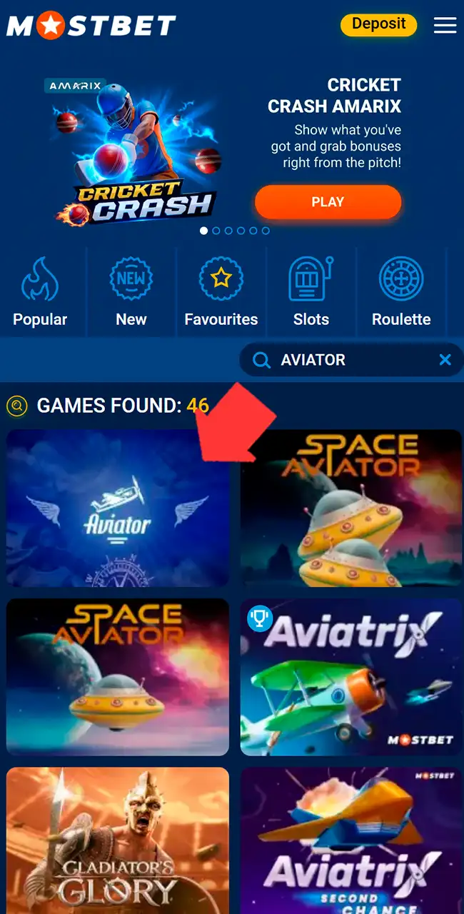 Launch the Aviator crash game from the Mostbet casino lobby.
